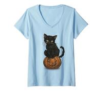 Womens Halloween Black Cat Jack-O'-Lantern Cute Pumpkin Kitten V-Neck T-Shirt