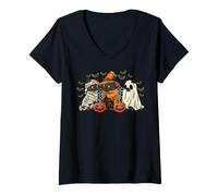 Women's Halloween Black Cat Witch Ghost Mummy Spooky Pumpkin Costume V-Neck T-Shirt