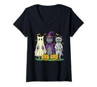 Women's Halloween Black Cat Witch Ghost Mummy Spooky Pumpkin Costume V-Neck T-Shirt