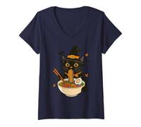 Womens Halloween Black Cat Witch Ramen Pumpkin Noodles Cute Spooky V-Neck T-Shirt