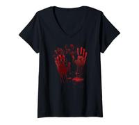 Womens Halloween Bloody Hands Blood Splash Costume Zombie Blood V-Neck T-Shirt