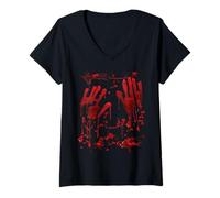 Womens Halloween Bloody Hands Blood Splash Zombie Costume V-Neck T-Shirt
