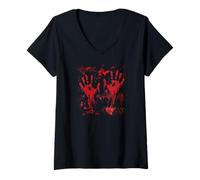 Womens Halloween Bloody Hands Blood Splatter Zombie Costume V-Neck T-Shirt