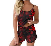 Women's Halloween Bloody Printed Strap Top Shorts Home Sleepwear 2 Piece Set (5) Girls Furry Slippers Black