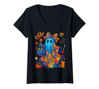 Womens Halloween Boo Ghost Patchwork Quilter Quilting Sewing Womens V-Neck T-Shirt