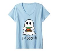 Womens Halloween Book Lover Ghost I'm Booked V-Neck T-Shirt