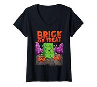 Womens Halloween Brick Or Treat Brick Master Builder Block Building V-Neck T-Shirt