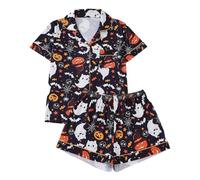 Women's Halloween Button Up Satin Silk Matching Sets Pajama Sets Sexy Halloween Spooky Comfy Shorts Pijamas De Mujer Short Sleeve Cute Button Down Pj Sets Lapel Loose Fitting Summer Black