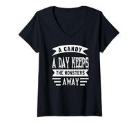 Women's Halloween Candy Keeps Monsters Away Phrase V-Neck T-Shirt