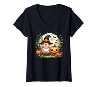 Womens Halloween Capybara Witch Jack-o-Lantern Pumpkin Graphic V-Neck T-Shirt