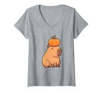 Womens Halloween Capybara with A Pumpkin Capy Lover Spooky Animal V-Neck T-Shirt