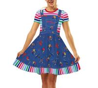 Womens Halloween Carnival Ghost Chucky Cosplay Costume Round Neck Short Sleeve Clown Midi Skirt Stripes Medium