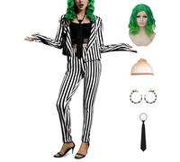 Womens Halloween Casual Beetlejuuie Blazer Vertical Striped Black White Creepy Open Front Costume Set 6 Piece XL