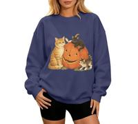 Women's Halloween Cat Print Sweatshirt, Retro 90s Graphic Top | Cosy crew neck pullover with retro cat and pumpkin print, 90s style Halloween top for plus size