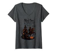 Womens Halloween Cat Rider Design with Haunted Dark House & Pumpkin V-Neck T-Shirt