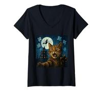 Womens Halloween Cat Selfie with Scary House V-Neck T-Shirt
