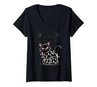 Womens Halloween Cat Shirt Funny Kitty Wrapped in Lights V-Neck T-Shirt
