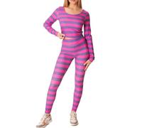 Women's Halloween Cheshire Cat Cosplay Costume Sexy Pink Purple Striped Long Sleeve Tops with High Waist Slim Pants Outfit (Fuchsia A, M)