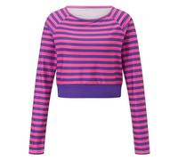 Women's Halloween Cheshire Cat Top Versatile Long Sleeve Striped Crop Tops Slim Fit Basic T Shirts for Cosplay Party (A-Purple, L)