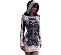 Womens Halloween Costume Adult Hooded Skeleton Print Maxi Dress | Long Sleeve Halloween Dresses 3D Digital Print Floral Gothic Fancy Dress Costume A Line Long Gown for Themed Party