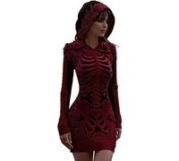 Womens Halloween Costume Adult Hooded Skeleton Print Maxi Dress | Long Sleeve Halloween Dresses 3D Digital Print Floral Gothic Fancy Dress Costume A Line Long Gown for Themed Party