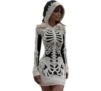 Womens Halloween Costume Adult Hooded Skeleton Print Maxi Dress | Long Sleeve Halloween Dresses 3D Digital Print Floral Gothic Fancy Dress Costume A Line Long Gown for Themed Party