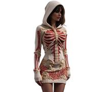 Womens Halloween Costume Adult Hooded Skeleton Print Maxi Dress | Long Sleeve Halloween Dresses 3D Digital Print Floral Gothic Fancy Dress Costume A Line Long Gown for Themed Party