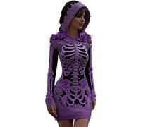 Womens Halloween Costume Adult Hooded Skeleton Print Maxi Dress | Long Sleeve Halloween Dresses 3D Digital Print Floral Gothic Fancy Dress Costume A Line Long Gown for Themed Party