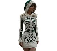 Womens Halloween Costume Adult Hooded Skeleton Print Maxi Dress | Long Sleeve Halloween Dresses 3D Digital Print Floral Gothic Fancy Dress Costume A Line Long Gown for Themed Party