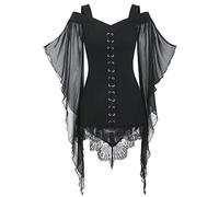 Women's Halloween Costume Off Shoulder Gothic Irregular Cross Lace-Up Casual Slim Fit Top Medieval Cosplay Renaissance Chic Vintage Patchwork Carnival Top, Black, S