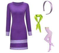 Womens Halloween Costume Set - Classic Cartoon Character Cosplay Outfit with Purple Dress, Green Scarf, Headband, Leggings, Purple Dress, Medium