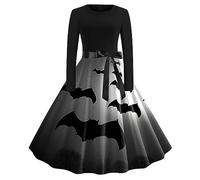 Womens Halloween Costumes 2025 Vintage 1950s Ghost Round Neck Long Sleeve Rockabilly Audrey Hepburn Belted Carnival Wedding Guest Midi Flowy A-Line Teen Girls Scary Dress, Black, L