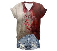 Womens Halloween Costumes for Work Scary Halloween Shirts I'm Ok Its Not My Blood T Shirt Short Sleeve Tops Funny Letter Print Halloween Outfits (Red #7, S)