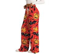 Women's Halloween Costumes Pumpkin Skull Scary Warm Cozy Drawstring Wide Leg Spiderweb Pjs Bottoms Elastic High Waist Loose Fit Cute Graphic Womens Comfy Trousers with Pockets, Orange, XL