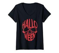 Womens Halloween Costumes Skull Typography Graphic Creepy Spooky V-Neck T-Shirt