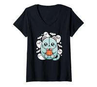 Women's Halloween Cute Ghost Cat Pumpkin Bat Spooky Cat Lover V-Neck T-Shirt
