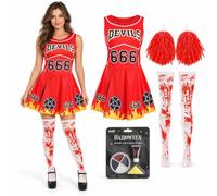 Womens Halloween Devil Cheerleader Costume Fancy Dress Set Outfit | cheerleader dress in red, matching pom poms, bloody tights, fake blood pack and facepaint, womens sizes S-XXL