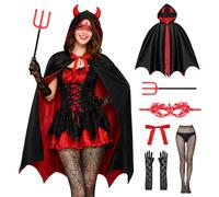 Women's Halloween Devil Costume, Devil Costume Set with Cape with Hood, Devil Fork, Lace Eye Patch, Lace Gloves, Fishnet Stockings for Halloween, Carnival, Theme Party Dress Up