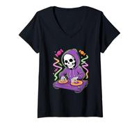 Womens Halloween DJ Skeleton Candy Rave Party Beats Night V-Neck T-Shirt