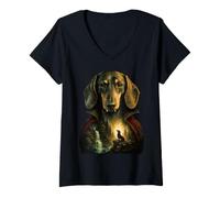 Women's Halloween Dog in Vampire Costume Dachshund V-Neck T-Shirt