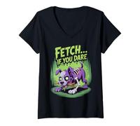 Womens Halloween Dog Zombie Fetch If You Dare V-Neck T-Shirt