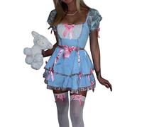 Womens Halloween Dorothy Dress Costume Puff Sleeve Lace Hem Smoked Blue Plaid Corset Mini Dress Fairytale Cosplay Dresses (E-Blue, XL)