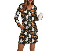 Womens Halloween Dress Long Sleeve V Neck Tie Front A-Line Scary Pumpkin Face Print Mini Dresses with Pockets,Plus Size Boho Dresses Teacher for Women UK Satin Maxi Dress Golf Summer,u392k