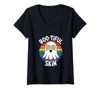 Womens Halloween Esthetician Boo-Tiful Skin Retro Ghost V-Neck T-Shirt
