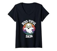Womens Halloween Esthetician Boo-Tiful Skin Retro Ghost V-Neck T-Shirt