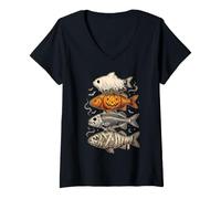 Women's Halloween Fish Ghost Pumpkin Skeleton Mummy Angler Fisherman V-Neck T-Shirt