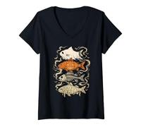 Women's Halloween Fish Ghost Pumpkin Skeleton Mummy Angler Fisherman V-Neck T-Shirt