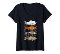 Women's Halloween Fish Ghost Pumpkin Skeleton Mummy Angler Fisherman V-Neck T-Shirt
