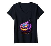 Womens Halloween Flaming Pumpkin V-Neck T-Shirt