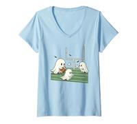 Womens Halloween Football Season Ghosts Spooky Season V-Neck T-Shirt